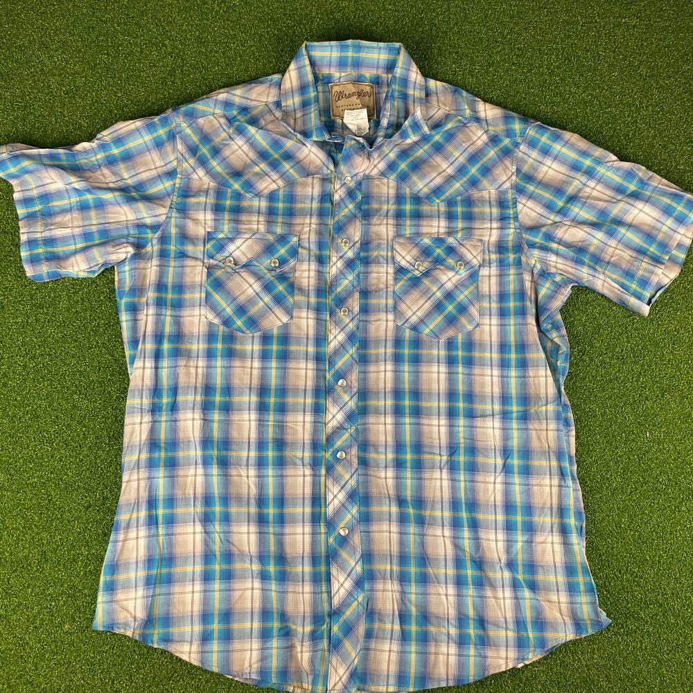 Vintage Wrangler Western Fashion Pearl Snap Blue Plaid Short Sleeve Shirt Sz L